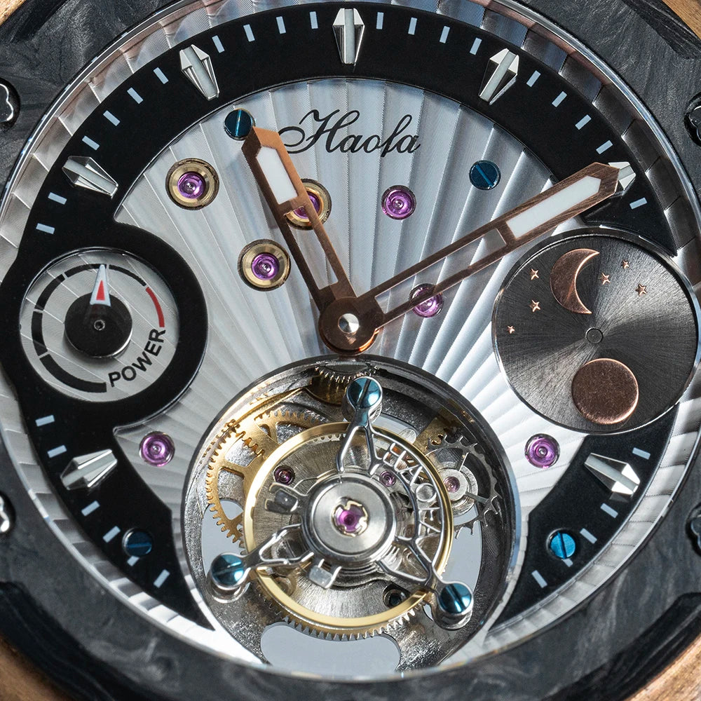 Haofa Manual Tourbillon Movement Watch for man Sapphire Mechanical Bronze Case Carbon Fiber Bezel Mens Watch Day And Night 1915T