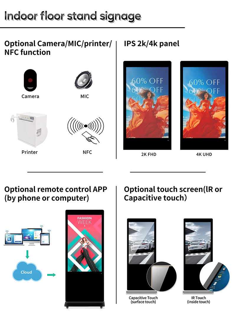 55" Inch Digital Signage and Displays Kiosk Totem LCD Touch Screen Indoor Smart WIFI Floor Stand Advertising Player
