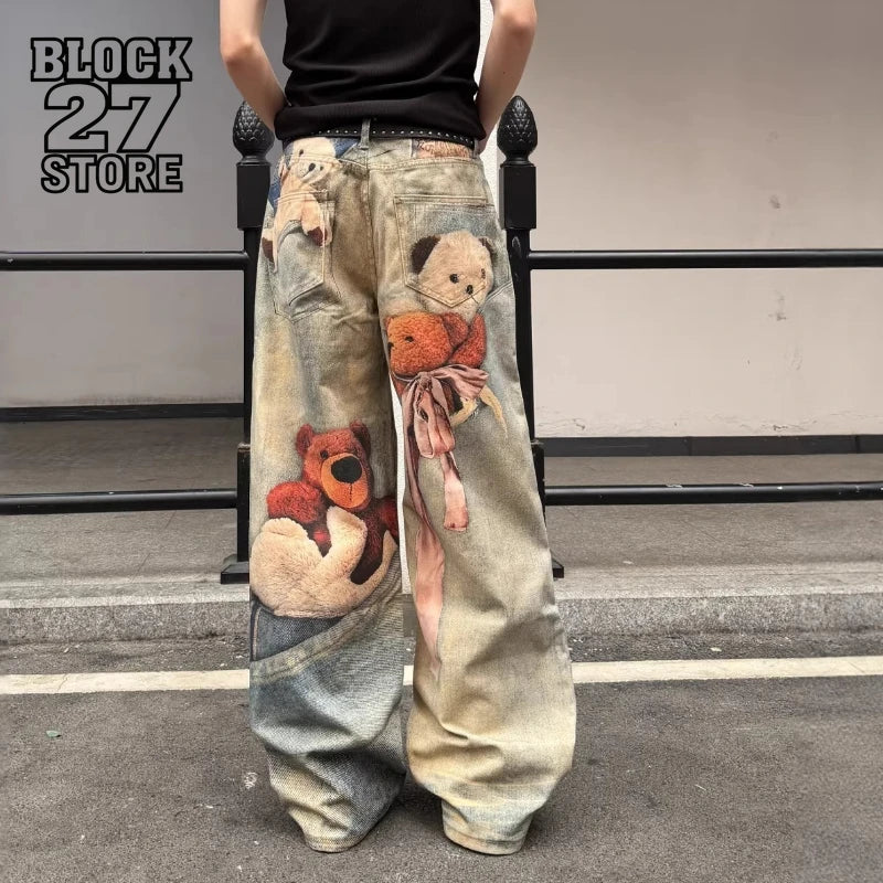 American Retro Vintage Washed Teddy Bear Graphic Printed Jeans Unisex Baggy Straight Y2K Streetwear Wide Leg Trousers Harajuku