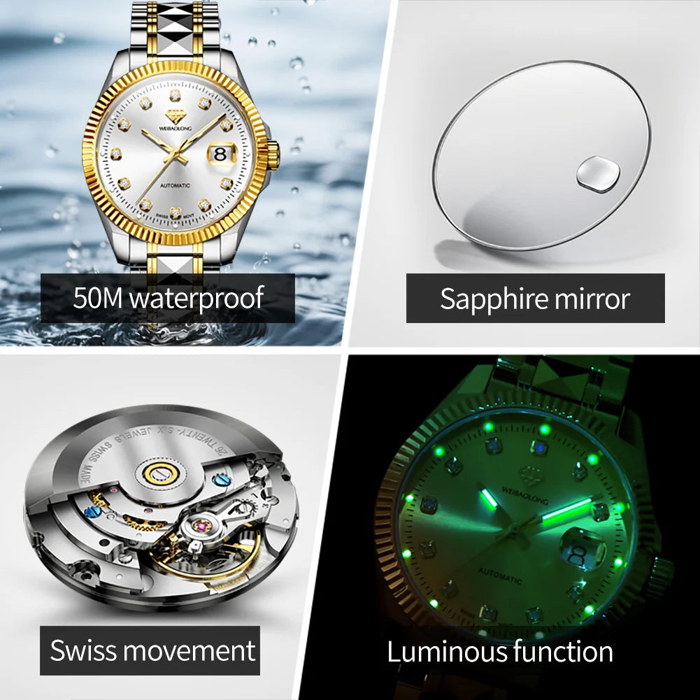 WEiBAOLONG 3802 Man Watch Swiss Movement Mechanical Watch Real Diamond Automatic Men's Watch High-end Luxury Brand Watch for Men