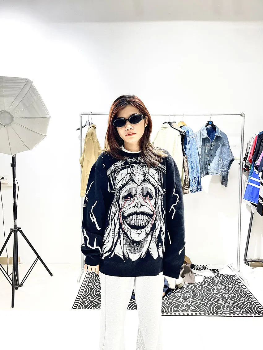 Heavyweight Anime Character Y2K Style Oversized Knitted Sweater Couple Loose Autumn Winter Overhead Knitted Pullover