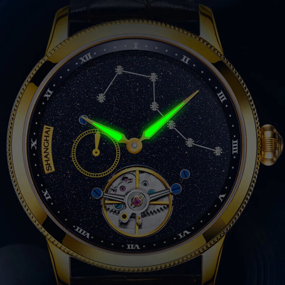 Shanghai Watch Carousel Manual Winding Mechanical Watches Luxury Men's Wristwatch Rotating Dial Luminous Waterproof Watch 6813J