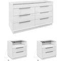 3-Piece High Gloss White Bedroom Set with LED Dresser, 8-Drawer Storage, 2 Charging Nightstands