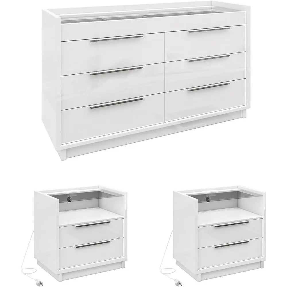 3-Piece High Gloss White Bedroom Set with LED Dresser, 8-Drawer Storage, 2 Charging Nightstands