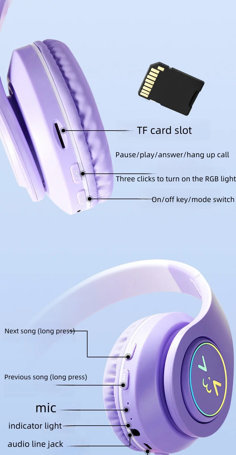 Original Wireless Bluetooth Headphones for Computer RGB Glowing Smiley Face Noise Reduction Gaming Headset Gamer Girl Bass Sport