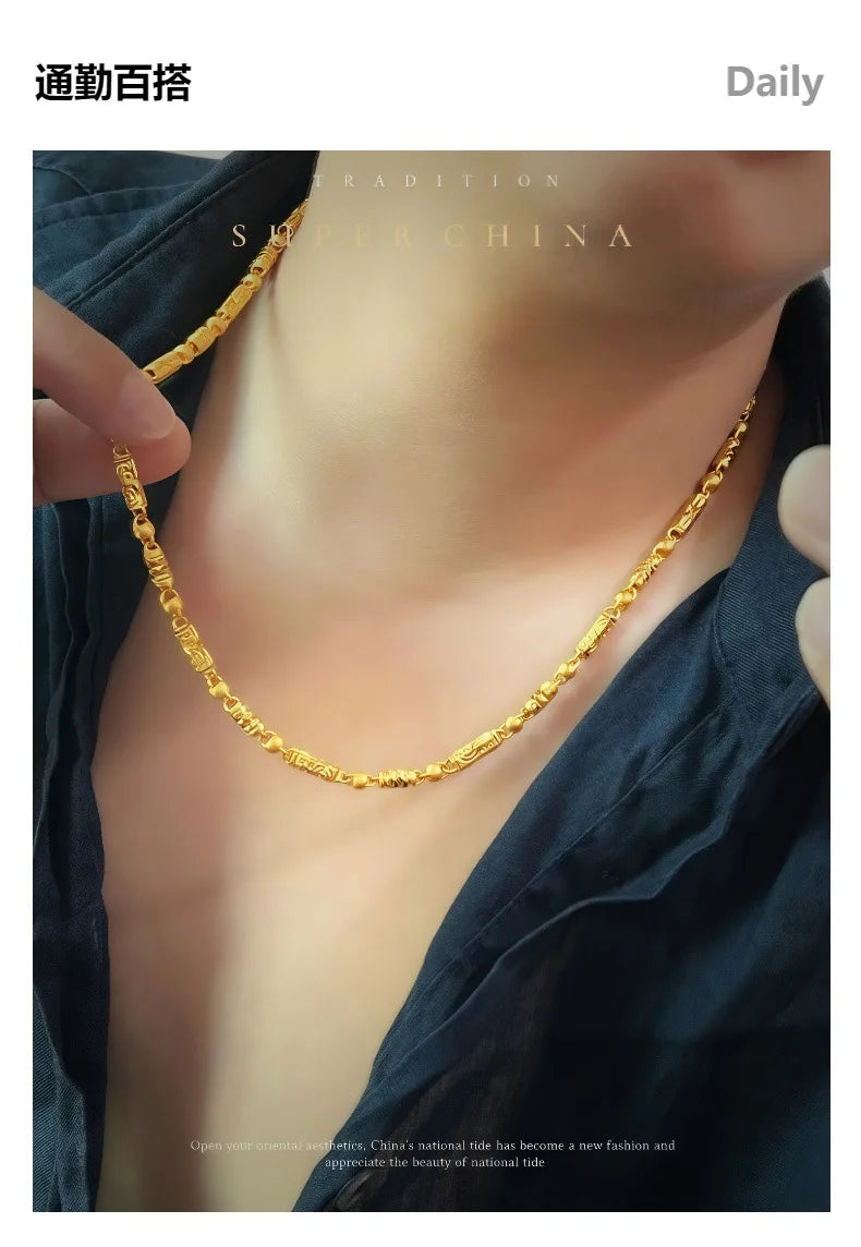 Gold store 9999 24K real gold Chinese style carving olive bamboo necklace hexagonal beads cylindrical chain men's jewelry