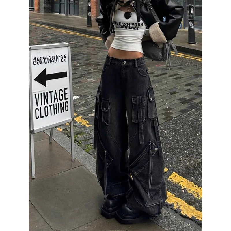 ZHIZOU Women Black Gothic Baggy Cargo Jeans Harajuku Oversize Denim Trousers Y2k 90s Vintage 2000s Emo Jean Pants Trashy Clothes