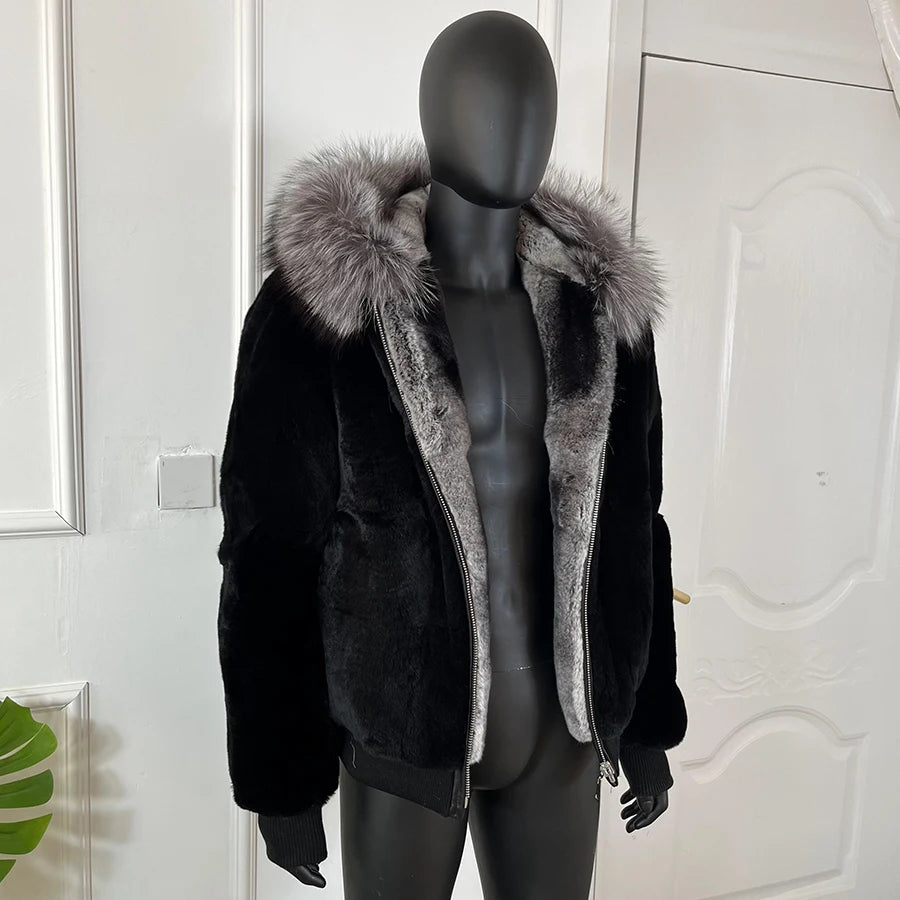 Men Rabbit Fur Coat Winter Short Real Rex Rabbit Fur Jacket With Hood Black Fur Coats Chinchilla Fur
