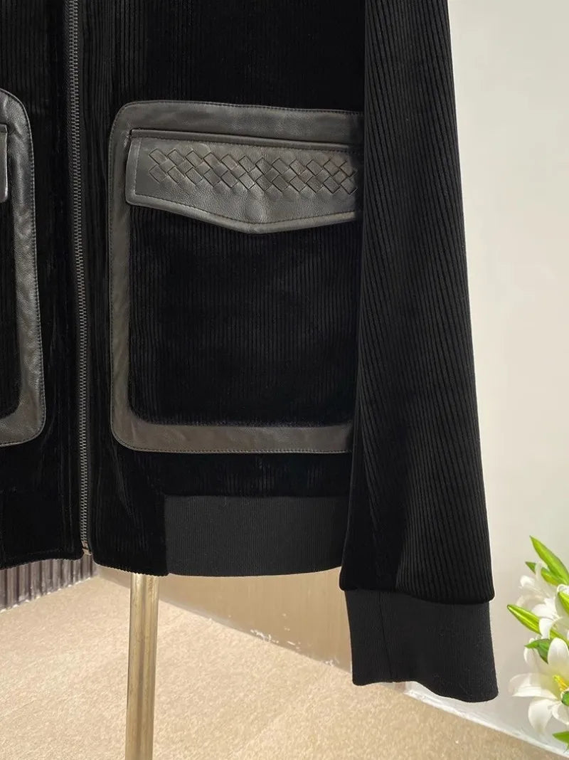 Design Business Mens Velvet Jacket Zipper Spliced Genuine Leather Casual Outerwear Loose Fit Long Sleeve Spring Autumn Men Coats