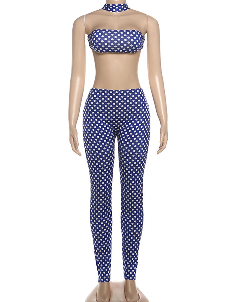 Weird Puss Hottie Polka Dot 2-Piece Set Women Halter Chest Wrapped Backless Top+Ruched Peach Hip Pants Stretch Skinny Clubwear