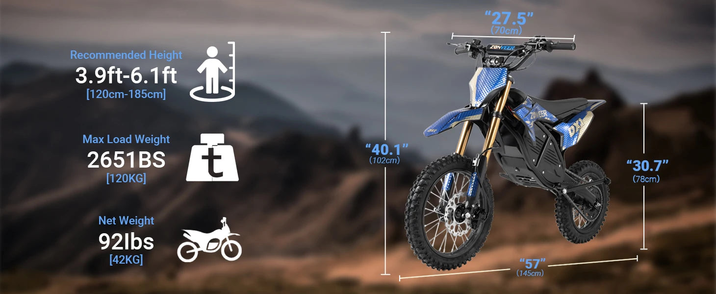 Zonveer DX1 3000W Peak Electric Dirt Bike for Adults, 998.4WH Battery, 40MPH Off-Road Electric Motorcycle, Hydraulic Brakes