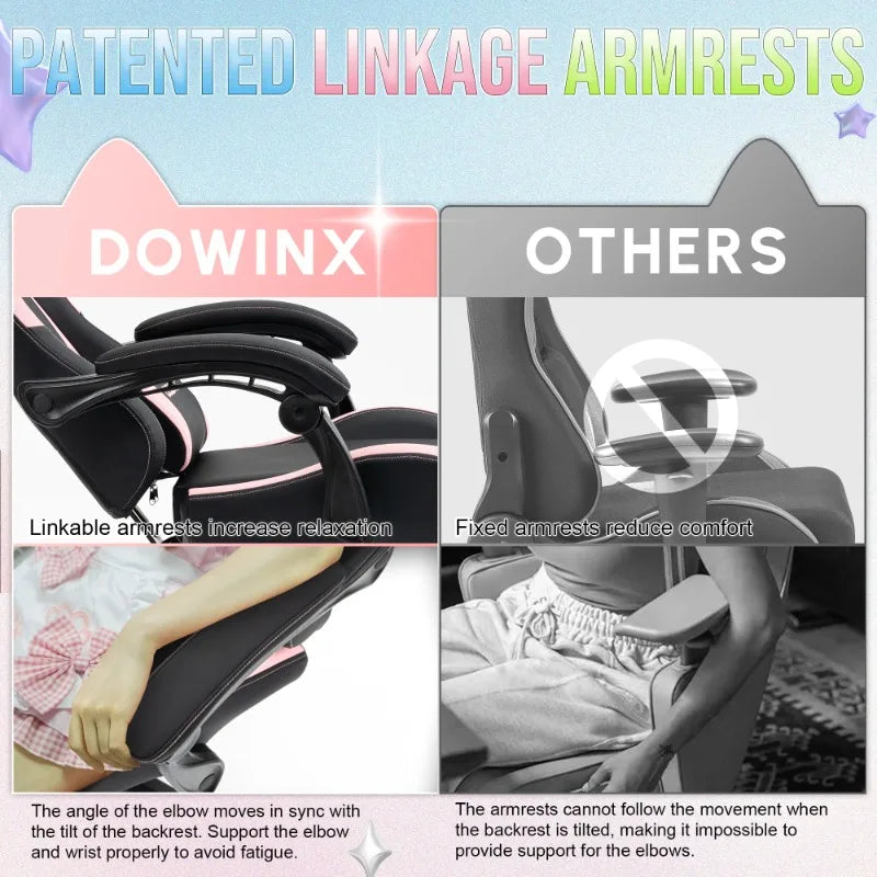 Cute Gaming Chair with Cat Ears Footrest Pink Kawaii Computer Chair Ergonomic High Back Gamer Seat with Cat Paw Lumbar Support