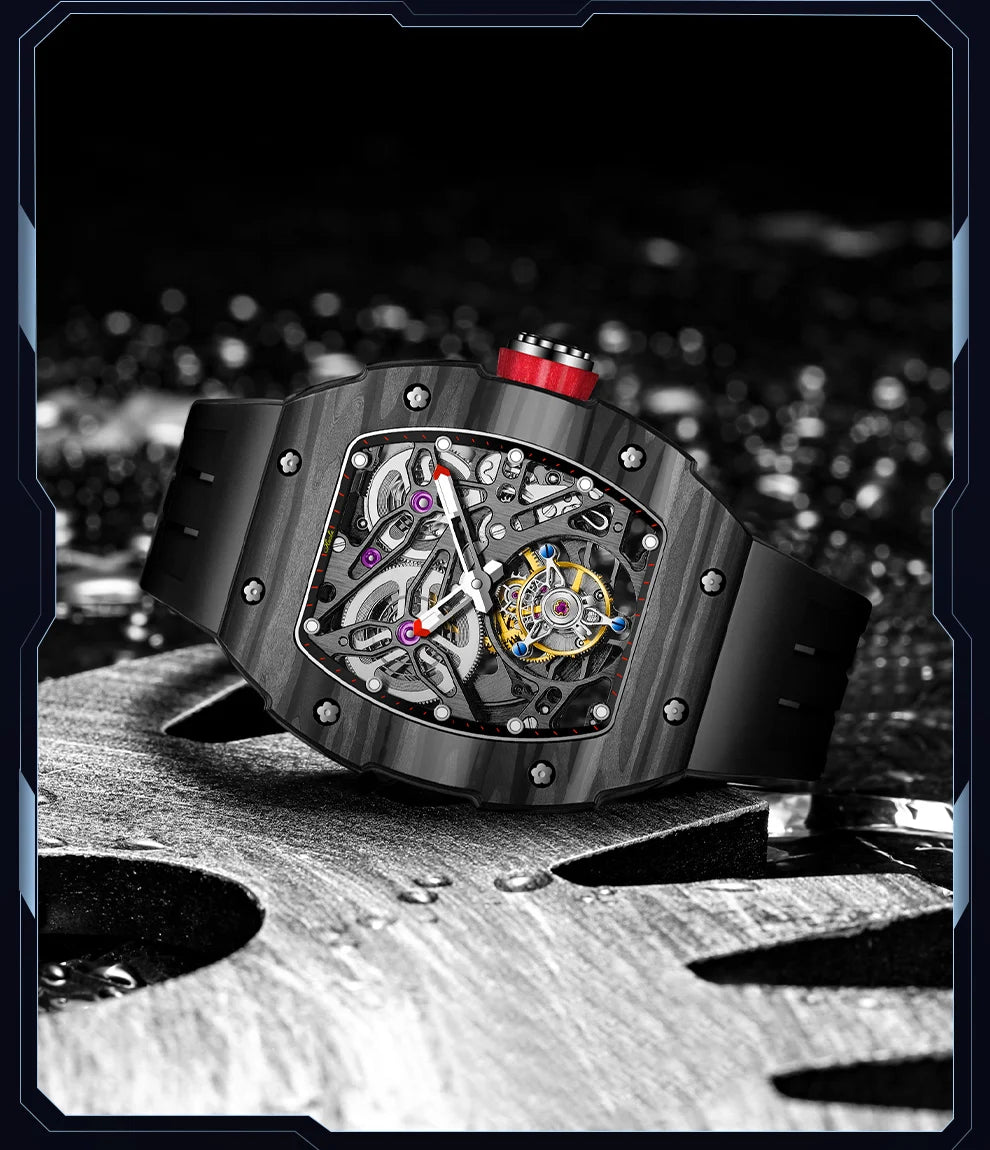 Haofa Automatic Tourbillon Watch Men Carbon Fiber Hollow Movement Luminous Sapphire Crystal Mechanical Man Watches Luxury 1901-1
