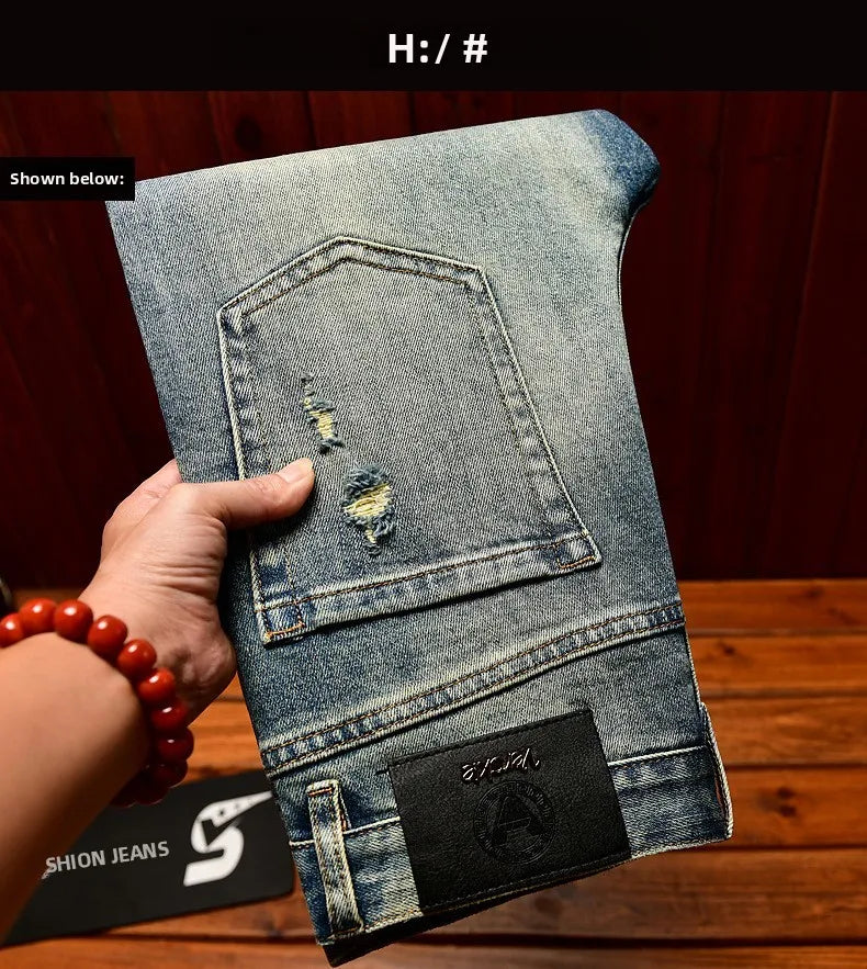 Fashionable light luxury jeans with men's patch design trendy retro elastic ripped pants