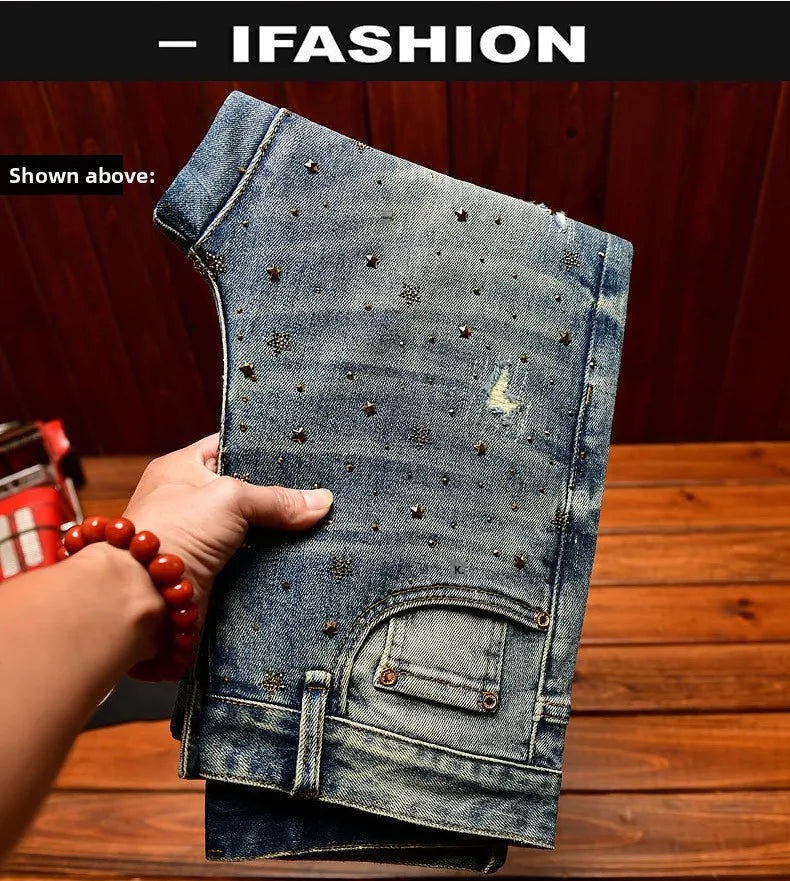 Fashionable light luxury jeans with men's patch design trendy retro elastic ripped pants