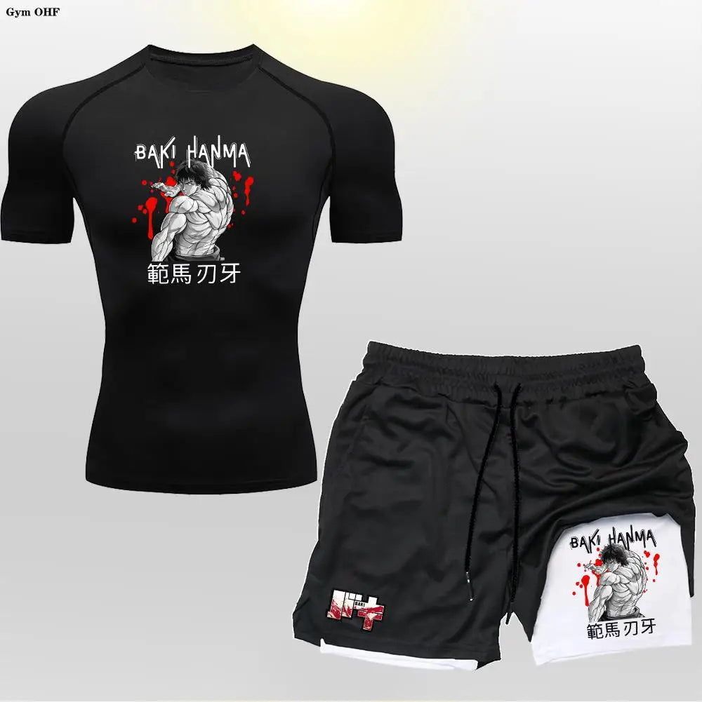 Anime Baki Sport Suits Runing Compression Shirt Shorts Sets Gym Fitness Jogging Training Rashguard Sportwear 2 in 1 Mens