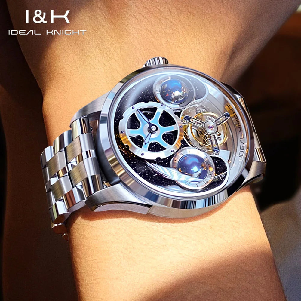 IDEAL KNIGHT Real Tourbillon Automatic Watches for Men 43mm Large Dial Blue Earth Series High-end Luxury Brand Mechanical Watch