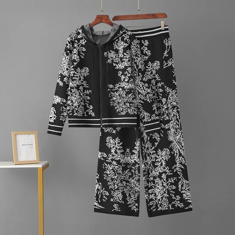 Korean Jacquard Design 2 Piece Sets Women Knitted Zipper Hooded Sweatshirt Tops Conjuntos High Waist Knitwear Sweatpants Outfit