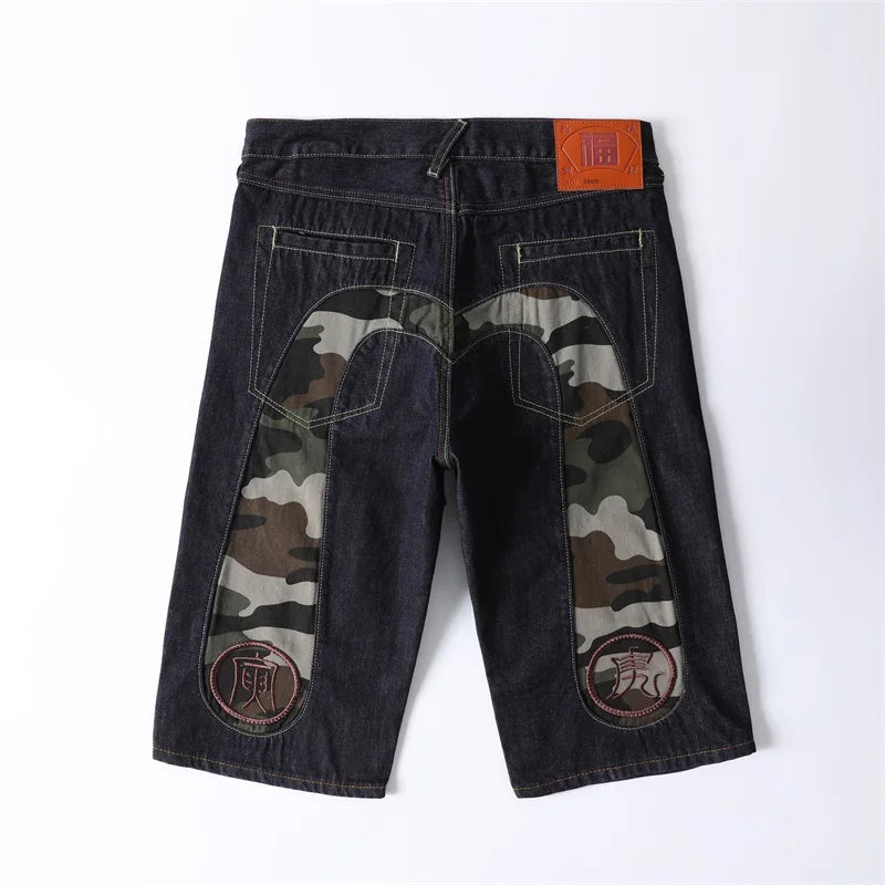 Men Embroidery Denim Shorts Black Hiphop Jeans Pants Cherry Blossom Dragon Totem Washed Zipper Cotton Summer cherry blossoms 024
