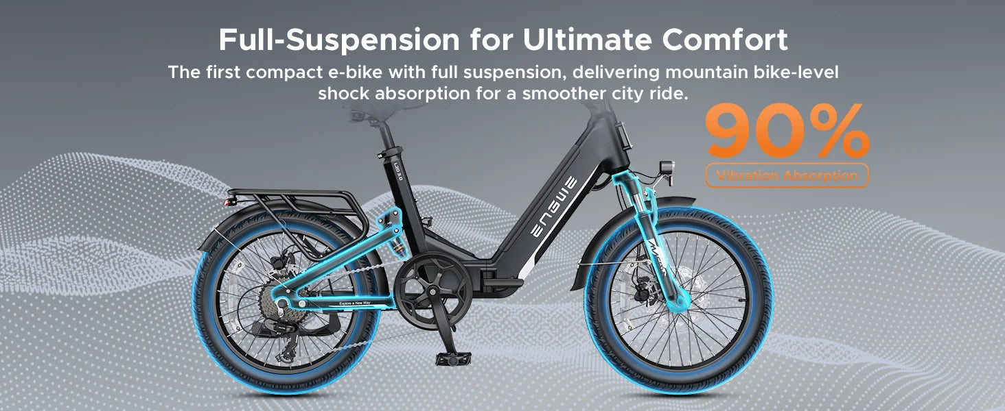 ENGWE L20 3.0 Full Suspension E-Bike, 1500W 48V 15Ah 60Miles, Smart GPS Anti-Theft, 28MPH Foldable Commuter Ebike