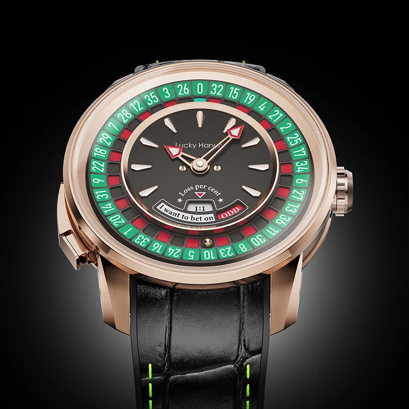 Lucky Harvey Player Series Mechanical Watches for Men European Roulette Game Dial Automatic Movement Funny Design Party Watch