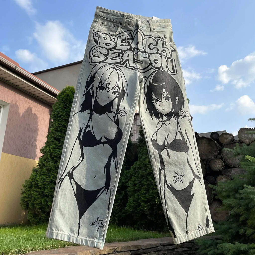 Anime Sexy Girl Print Blue Baggy Jeans New Style Wide Leg Trouser Y2k Harajuku Popular Streetwear Men Women High Waist Pants