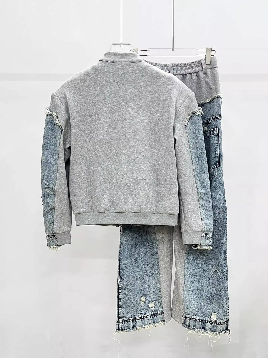 HKSH Spring Autumn New Men Trend Ripped Frayed Denim Patchwork Jacket Elastic Waist Wide-Leg Pants Fashion Two-Piece Set HK16899
