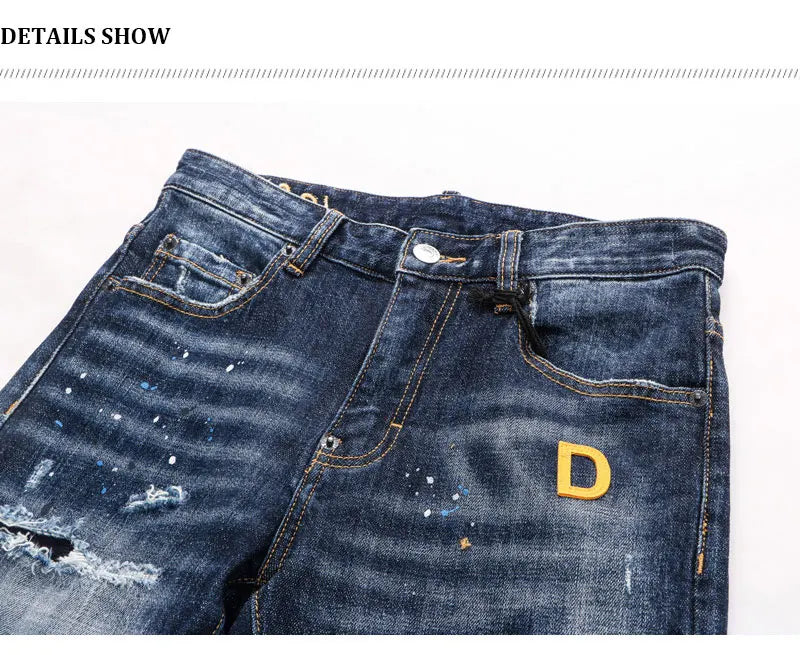 Latest designer fashion new men's jeans, washed, vintage painted embroidery, stretchy slim fit hombre