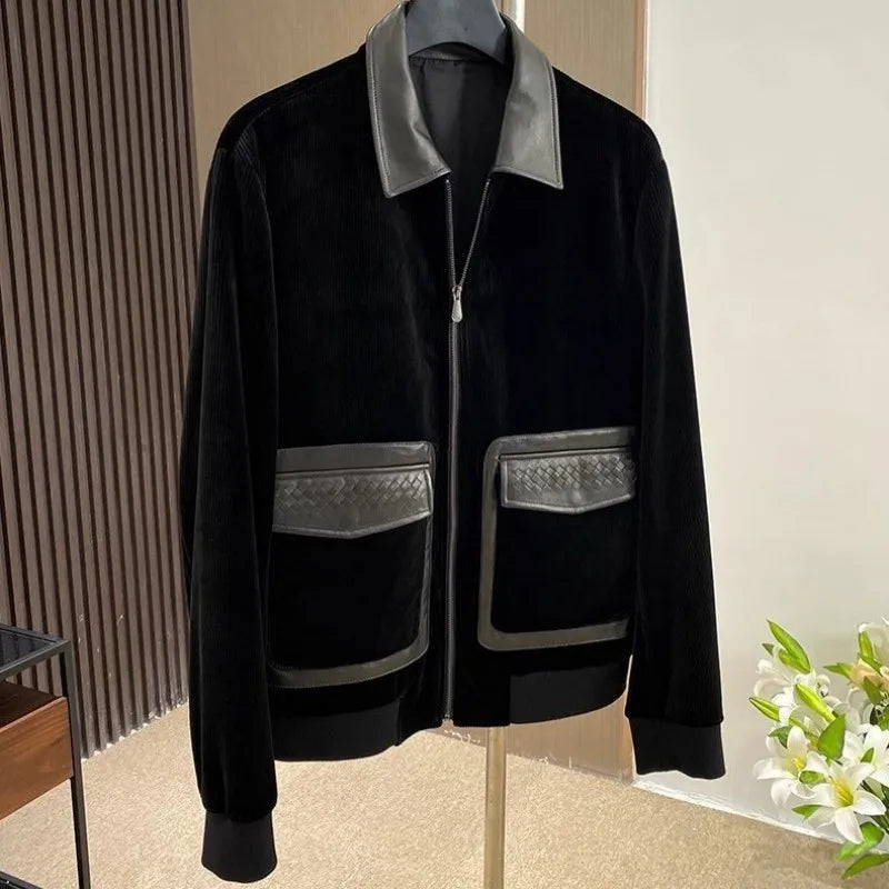 Design Business Mens Velvet Jacket Zipper Spliced Genuine Leather Casual Outerwear Loose Fit Long Sleeve Spring Autumn Men Coats