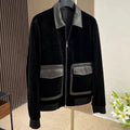 Design Business Mens Velvet Jacket Zipper Spliced Genuine Leather Casual Outerwear Loose Fit Long Sleeve Spring Autumn Men Coats
