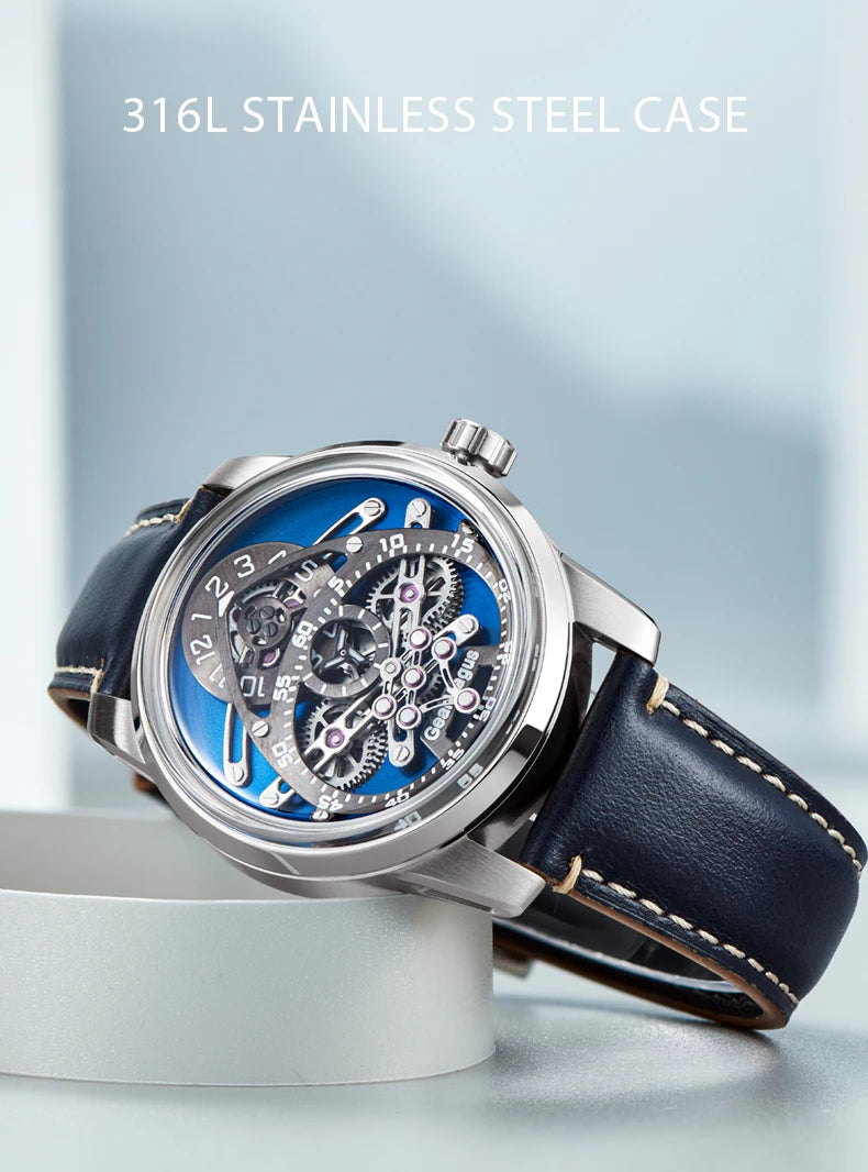 OBLVLO Men Automatic Watch 42MM Mechanical Wristwatch Luminous 50m Waterproof Sapphire Unique Concept Gear Dial SW200