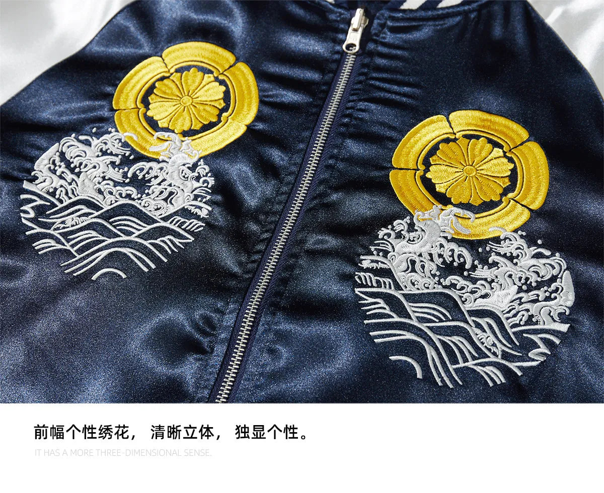 Japanese Sukajan Koi Fish Embroidered Satin Bomber Jacket Wave Print Varsity Jacket Men's and Women's Baseball Jackets