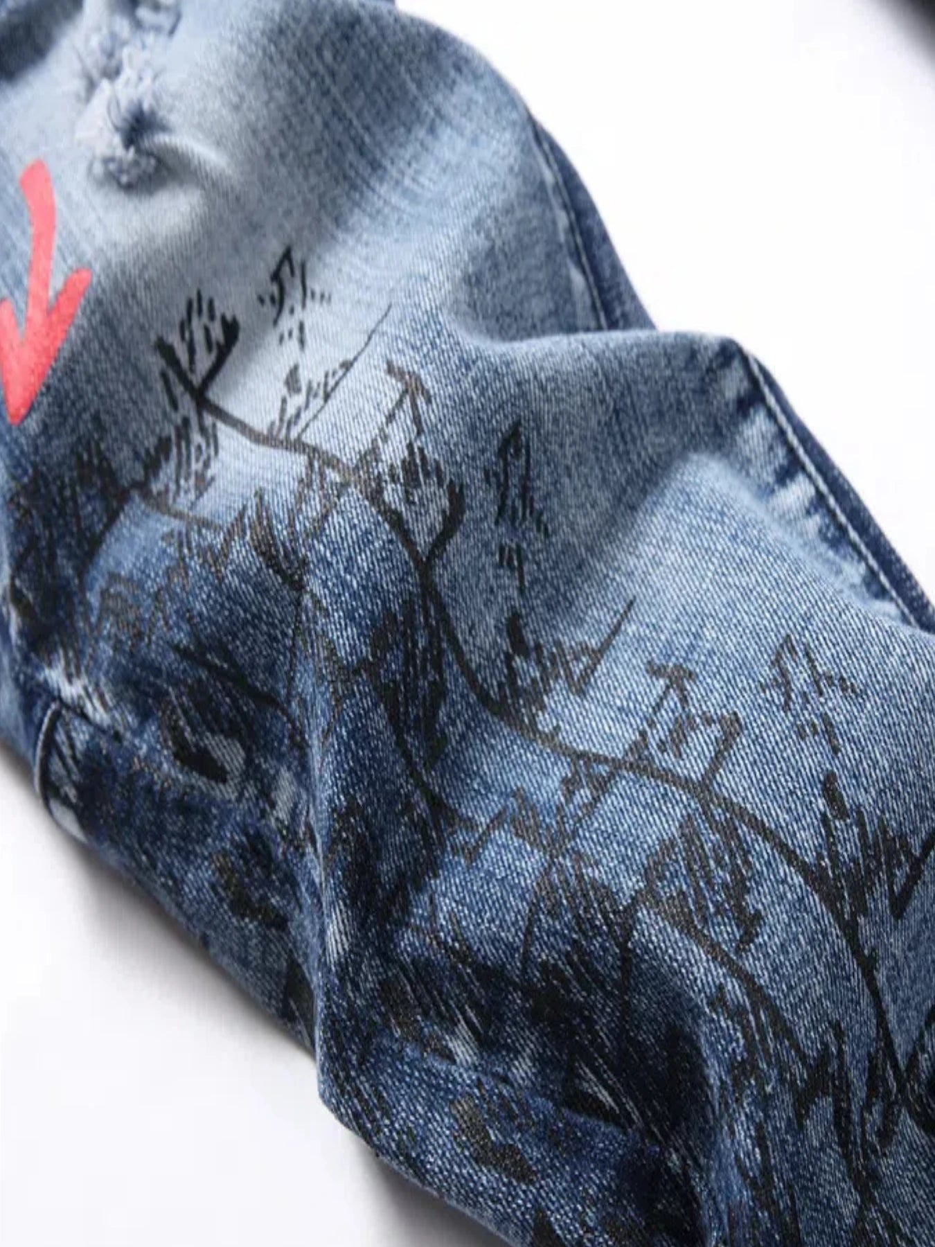 Men's Ripped Letter Print Stretch Small Feet Straight Slim Patchwork Jeans Comfortable Skinny Bike Jeans