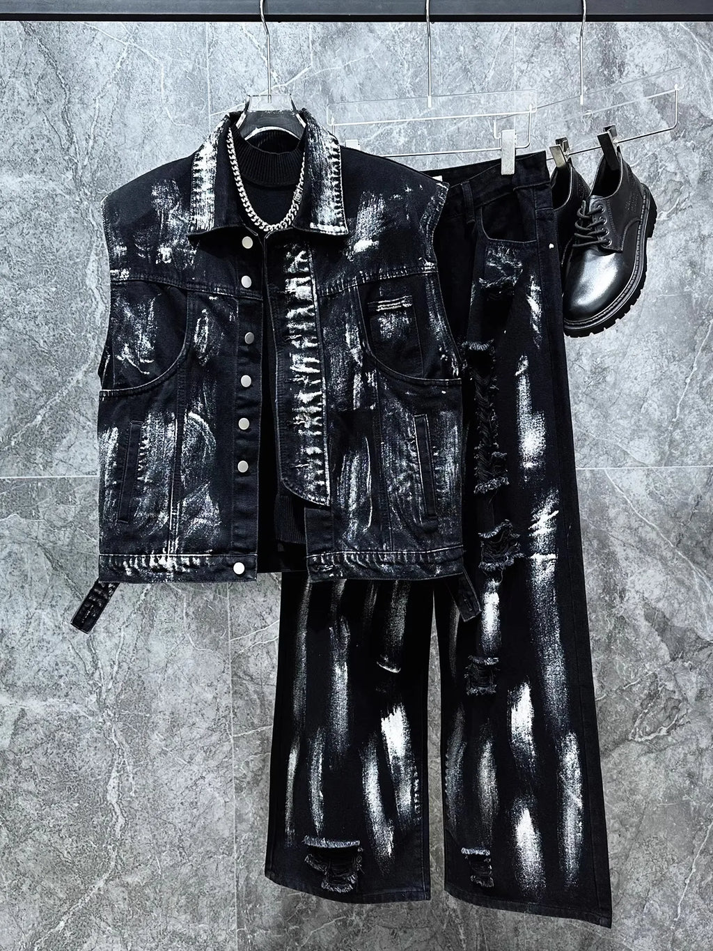 Men's Ripped Jeans Two-piece Set Splashed Ink Vest Jacket Straight Leg Pants American Fashion Autumn High Street Male Denim Sets