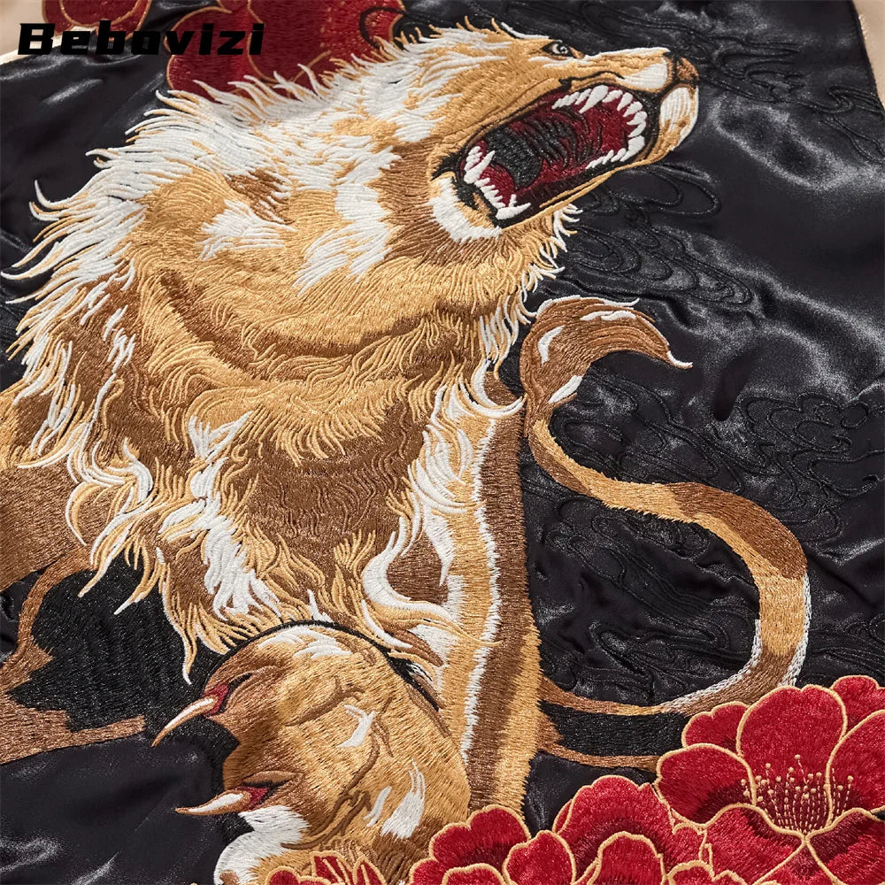 Fashion Anime Lion Flower Embroidered Zipper Jacket Streetwear Hip Hop Men's Harajuku Japanese Baseball Coat Bomber Jacket