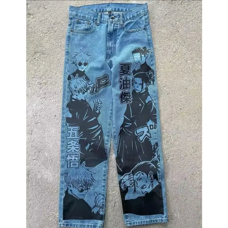 New Trend Printed Demon Slayer One Piece Jujutsu Kaisen Anime Characters Teen Loose Casual Jeans Japanese Retro Straight Jeans