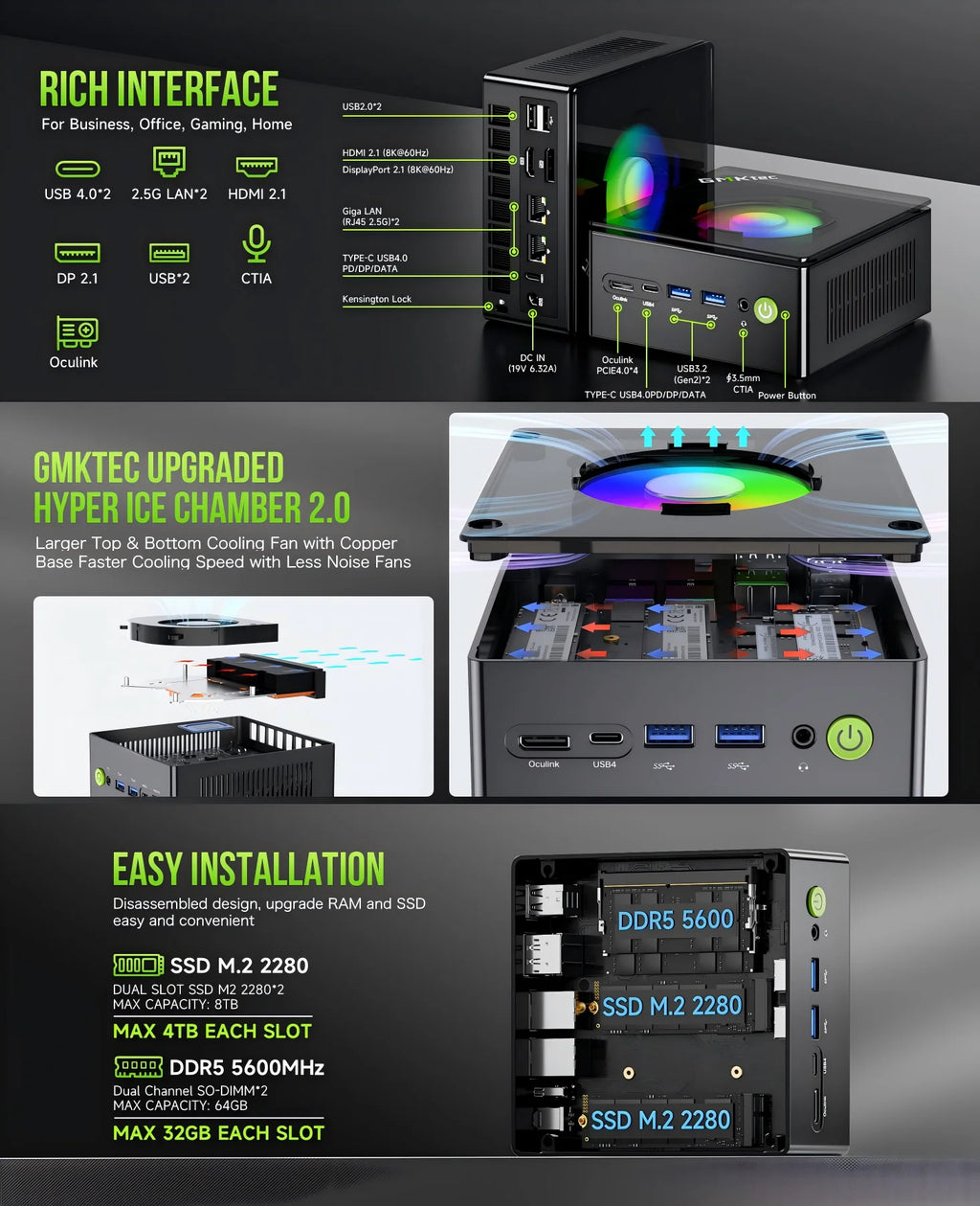 GMKtec Oculink Mini PC K11 K8 Plus M7 AMD R9 8945HS 8845HS 6850H 2*USB4 2*DDR5 2*2.5G LAN Micro Gaming Computer WiFi6 Desktops