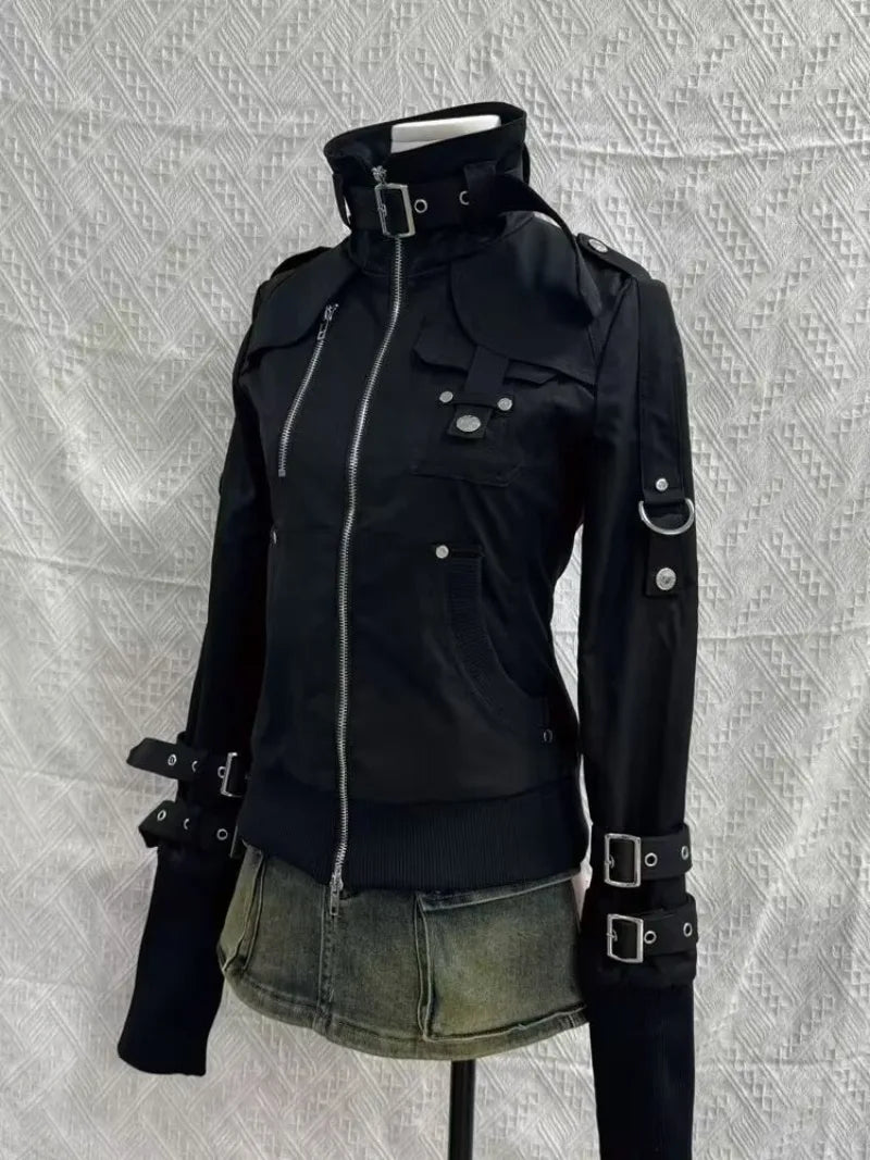 Retro Gothic Style Jackets for Women Japanese Cool Black Stand Up Collar Motorcycle Jackets 2025 Autumn New Harajuku Clothes