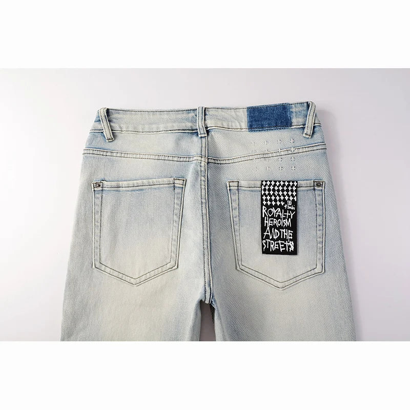 Men's High Street KSUBI Distressed Faded Blue Stretch Skinny Pattern Printing High Quality Button Fly Ripped Jeans Pants
