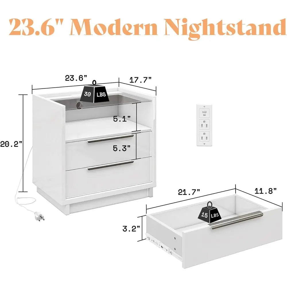 3-Piece High Gloss White Bedroom Set with LED Dresser, 8-Drawer Storage, 2 Charging Nightstands