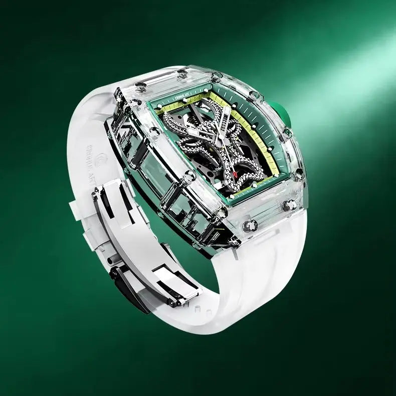 CRONUSART Men Automatic Watch 50mm Tonneau Mechanical Wristwatch Sapphire Case & Mirror Luminous FKM Strap Skeleton Bull Dial