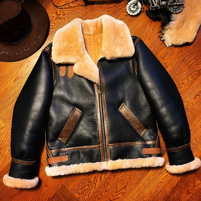 Sheepskin Suit Men's Lambskin Genuine Leather Overcoat Motorcycle Short Leather Fur Coat