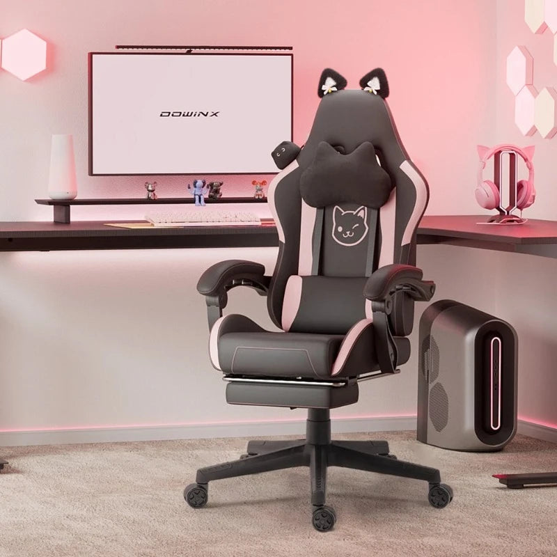 Cute Gaming Chair with Cat Ears Footrest Pink Kawaii Computer Chair Ergonomic High Back Gamer Seat with Cat Paw Lumbar Support
