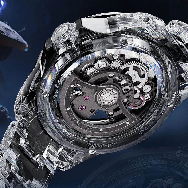 BONEST GATTI Luxury Skeleton Tourbillon Watch for Men K9 Crystal Case with Rainbow Bezel Automatic Mechanical Wristwatch