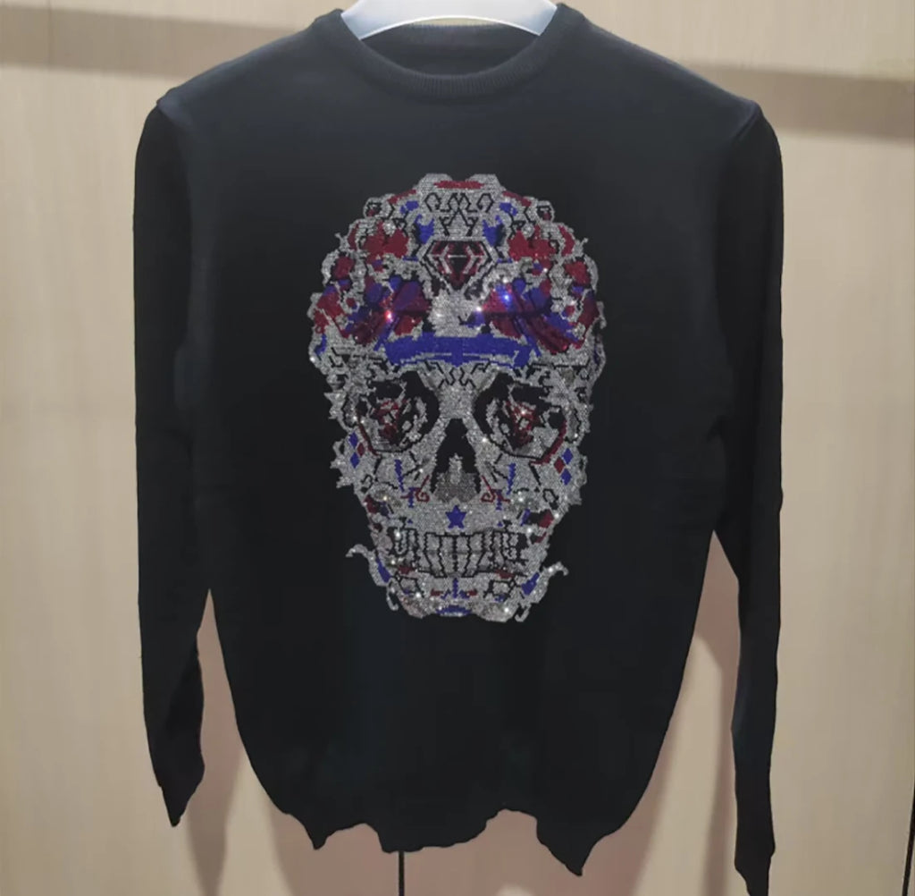 Men's Streetwear Sweater Rhinestone Skull Trendy Cartoon design Male Pullover Plus Size Black Tops Hip-Hop Round Neck Clothing