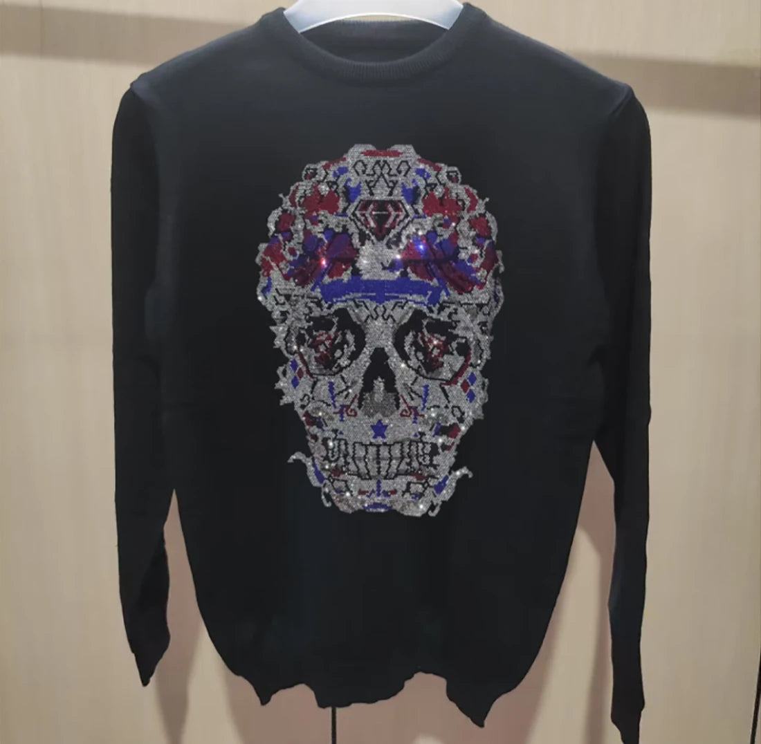 Men's Streetwear Sweater Rhinestone Skull Trendy Cartoon design Male Pullover Plus Size Black Tops Hip-Hop Round Neck Clothing