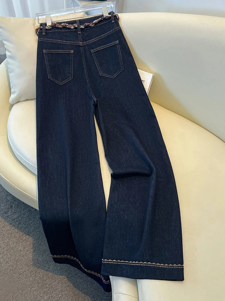 2025 Autumn New Denim Blue Wide Leg Women's Jeans Super Popular Pants with Silk Scarf Belt Fashion Straight Trousers