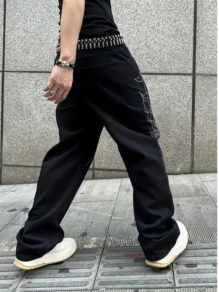 Men's Black Jeans Spider Web Printing Loose Wide Leg Casual Daily Trousers High Street Fashion Trendy Streetwear Denim Pants