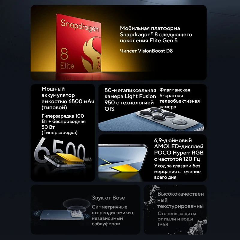 POCO F8 Ultra Global Version Smartphone Snapdragon 8 Elite Gen 5 6500mAh Battery 100W HyperCharge 50MP 6.9" 120Hz Display NFC