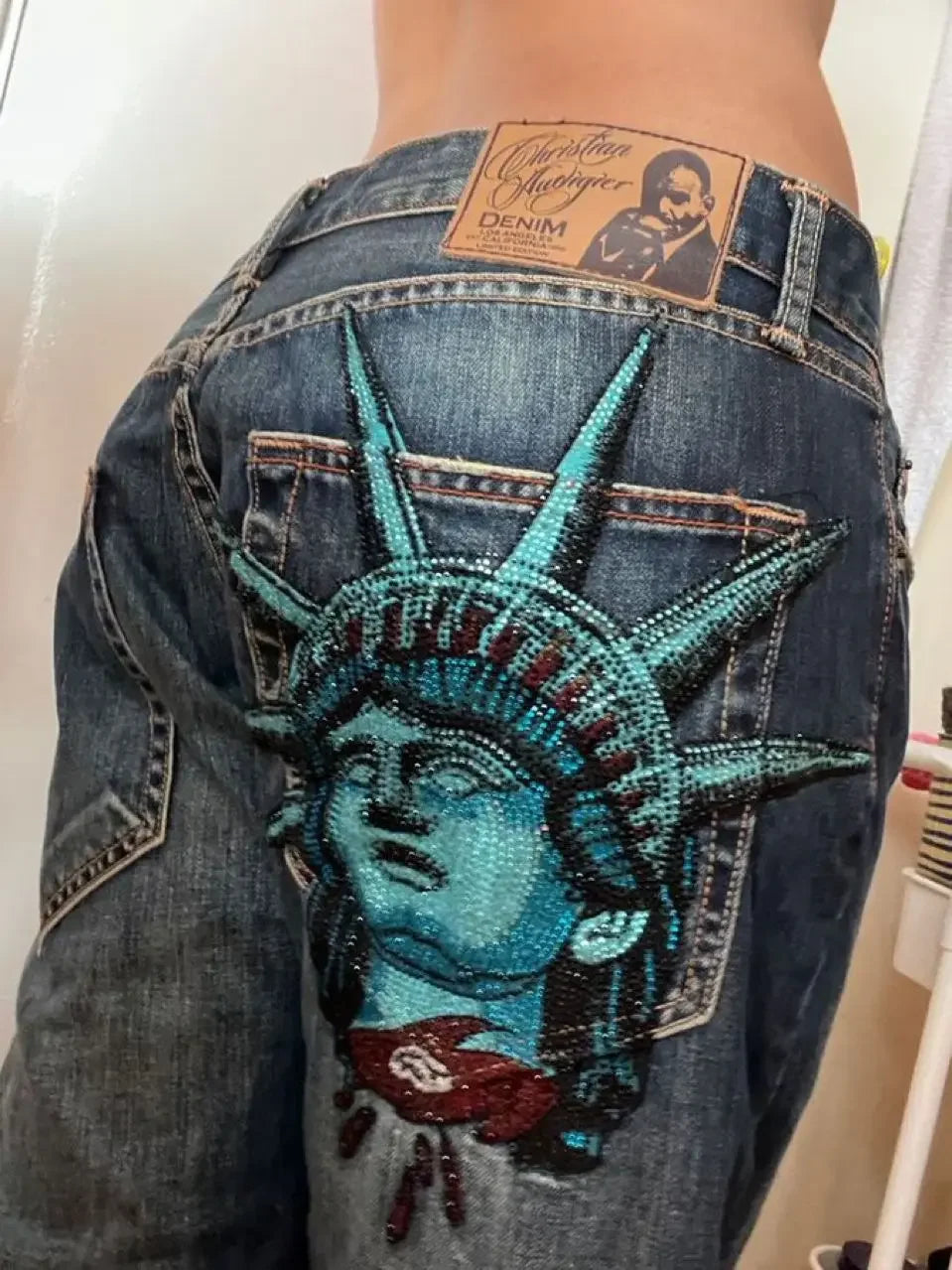 Y2k 2000s Statue of Liberty Diamonds Denim Pants Women Casual High Waist Straight Wide Leg Jeans Harajuku Vintage Women Clothing